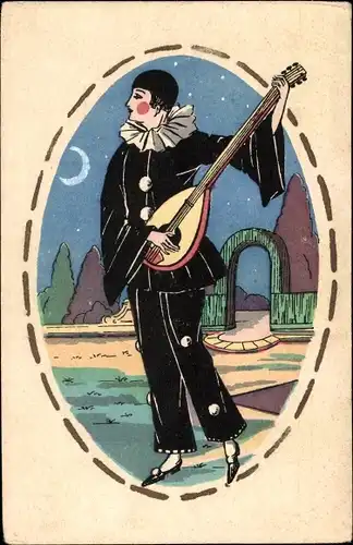 Litho Pierrot mit Laute, Mondsichel