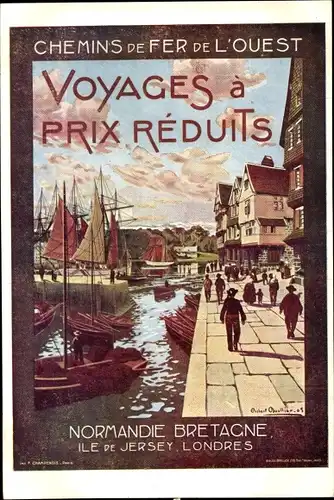 Künstler Ak Chemins de Fer de l'Ouest, Voyages a prix reduits, Normandie Bretagne, Reklame
