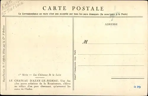 Künstler Ak Azay le Rideau Indre et Loire, Chateaux de la Loire