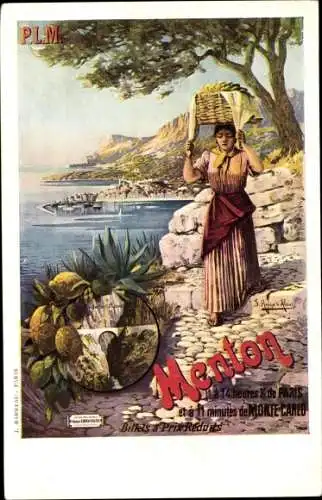 Künstler Ak Menton Alpes Maritimes, PLM, Frau in Tracht, Reklame, Eisenbahn