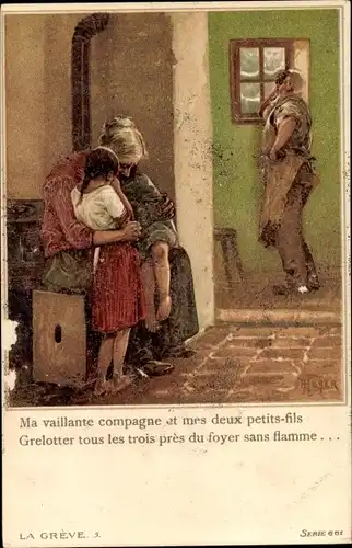 Künstler Litho Hayer, La Greve 5, Ma vaillante compagne et mes deux petits fils, Grelotter