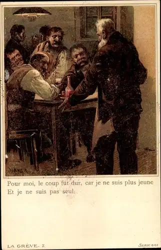 Künstler Litho Heyer, La Greve 7, Pour moi, le coup fut dur, Männer im Wirtshaus