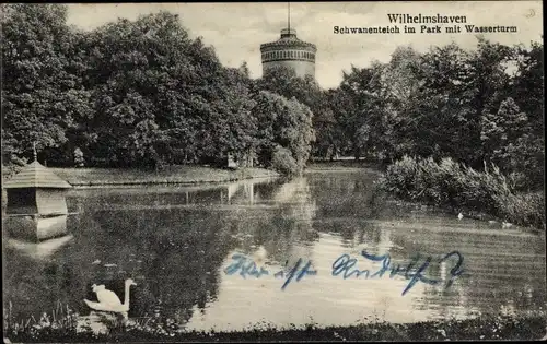 Ak Wilhelmshaven in Niedersachsen, Schwanenteich im Park mit Wasserturm