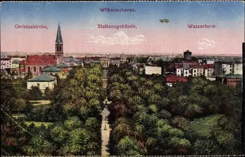 Ak Wilhelmshaven in Niedersachsen, Christuskirche, Stationsgebäude, Wasserturm