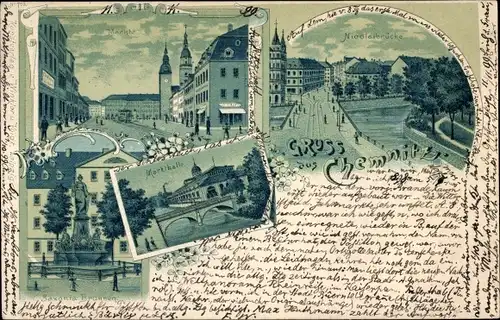 Litho Chemnitz in Sachsen, Markt, Saxonia Brunnen, Nicolaibrücke