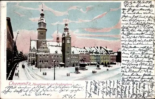 Ak Chemnitz in Sachsen, Hauptmarkt mit Denkmälern, Winter