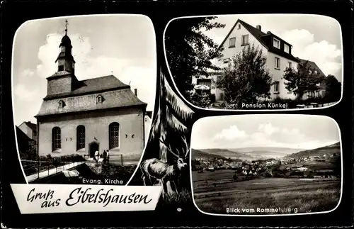 Ak Eibelshausen Eschenburg in Hessen, Pension Künkel, Evang. Kirche, Blick vom Rommelsberg