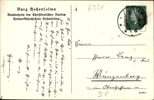 Ak Hohensolms Hohenahr in Hessen, Dorf und Burg Hohensolms, Bundesheim des Christdeutschen Bundes