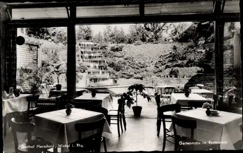 Ak Oestrich Winkel am Rhein Rheingau, Gasthof Metzgerei Merscheid, Gartenmotiv im Restaurant