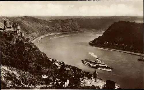 Ak Sankt Goarshausen am Rhein, Burg Katz, Salondampfer