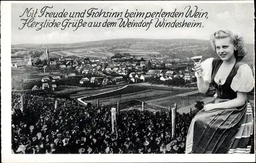 Ak Windesheim in Rheinland Pfalz, Blick auf den Ort, Frau, Weinberg