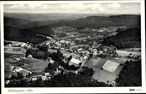 Ak Wilhelmsfeld im Odenwald, Blick auf den Ort mit Umgebung, Fliegeraufnahme