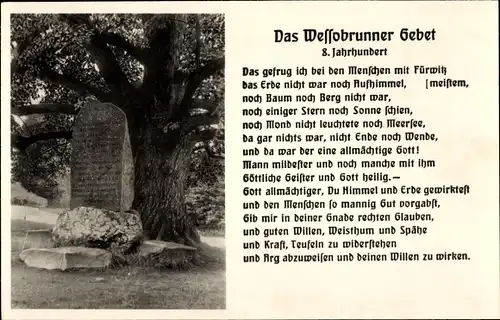 Ak Wessobrunn in Oberbayern, Wessobrunner Gebet aus dem 8. Jhdt., Gedenkstein
