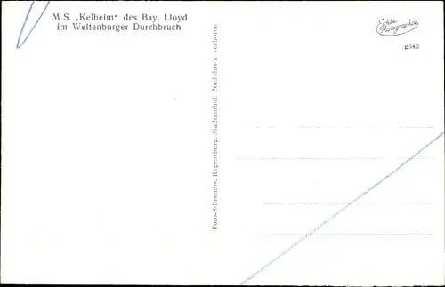 Ak Kelheim an der Donau Niederbayern, Weltenburger Durchbruch, Dampfer MS Kelheim, Bay. Lloyd