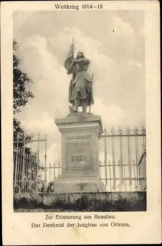 Ak Beaulieu sur Mer Alpes Maritimes, Das Denkmal der Jungfrau von Orleans