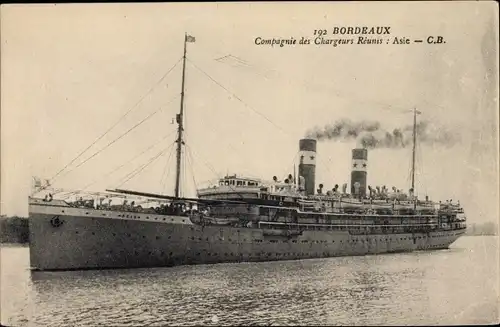 Ak Bordeaux Gironde, Dampfer, Compagnie des Chargeurs Reunis, Asie