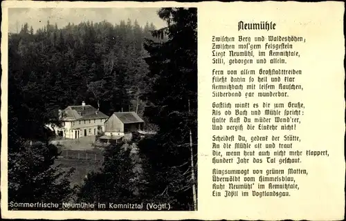 Ak Neumühle Burgstein Vogtland, Sommerfrische Neumühle im Kemnitztal, Gedicht