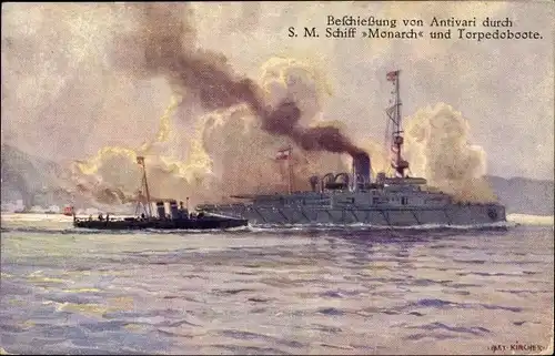 Künstler Ak Kircher, Antivari Montenegro, Österreichisches Kriegsschiff, SMS Monarch, Panzerschiff
