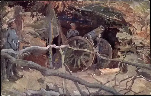 Künstler Ak Fahringer, KuK Armee, Alpenkrieg, 15cm Mörser, Feuerbereit, I WK
