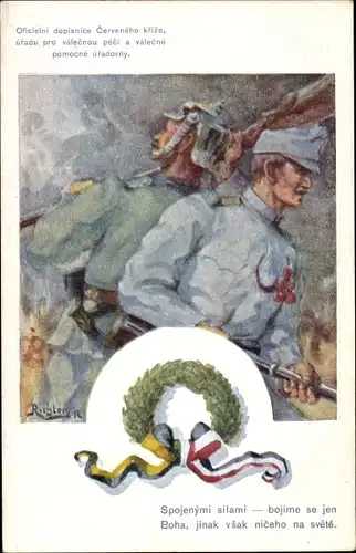 Künstler Ak Richter, KuK Soldat, deutscher Soldat, Uniformen, Waffenbrüderschaft