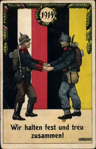 Künstler Ak Schreiber, KuK Soldat, deutscher Soldat, Waffenbrüderschaft, Uniformen