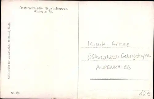 Ak Österreichische Gebirgstruppen, Abstieg zu Tal, KuK Armee, Alpenkrieg