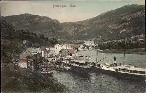 Ak Eide Hardanger Norwegen, Dampfer im Hafen, Blick auf den Ort