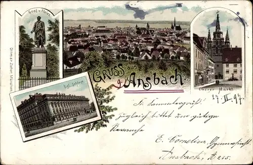 Litho Ansbach in Mittelfranken Bayern, Oberer Markt, Schloss, Totalansicht, Denkmal