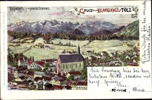 Künstler Ak Bad Tölz in Oberbayern, Krankenheil, Benediktenwand, Blick auf den Ort