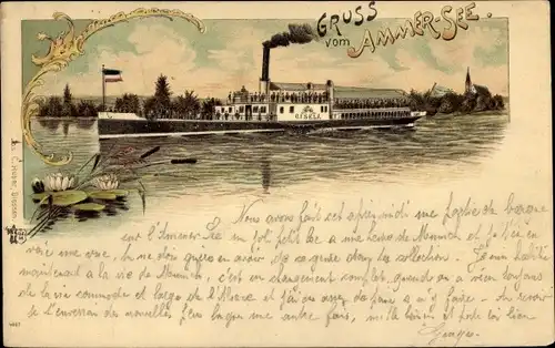 Litho Salondampfer Gisela auf dem Ammersee