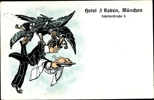 Ak München Bayern, Hotel 3 Raben, Schillerstraße 6, Kellner