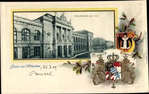 Präge Wappen Ak München Bayern, Neues Postgebäude, Bayerstraße