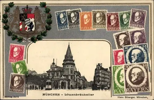 Briefmarken Wappen Ak München Bayern, Löwenbräukeller