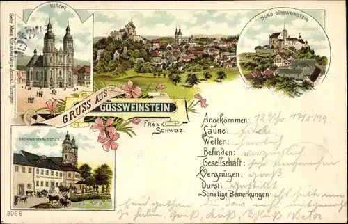 Litho Gößweinstein in Oberfranken, Burg, Totalansicht, Kirche, Gasthaus