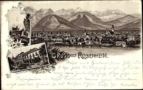 Litho Rosenheim Oberbayern, Kaiserbad, Blick auf den Ort