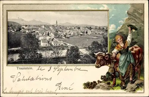 Passepartout Ak Traunstein in Oberbayern, Blick auf den Ort, Frau in Tracht mit Kuh