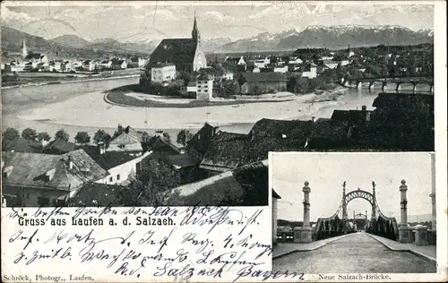 Ak Laufen an der Salzach Oberbayern, Neue Salzach Brücke, Blick auf den Ort, Kirche