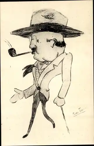 Künstler Ak Karikatur von einem Mann mit Hut und Pfeife