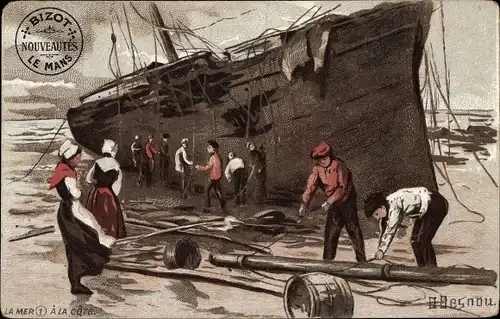Künstler Ak Besnou, La Mer, A la cote, Seeleute, Schiff, Ufer