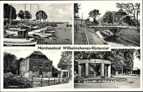 Ak Nordseebad Rüstersiel Wilhelmshaven, Hafen, Packhaus, Ehrenmal