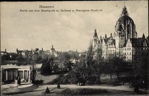 Ak Hannover in Niedersachsen, Maschpark, Rathaus, Bennigsen-Denkmal