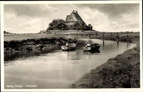 Ak Hallig Hooge in Nordfriesland, Kirchwarf, Ruderpartie