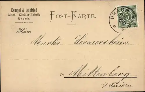 Ak Bad Urach in der Schwäbischen Alb, Firma Kempel & Leibfried, Mech. Kleider-Fabrik, Quittung