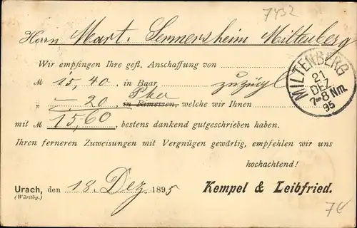 Ak Bad Urach in der Schwäbischen Alb, Firma Kempel & Leibfried, Mech. Kleider-Fabrik, Quittung