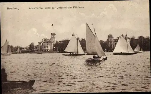 Ak Hamburg Nord Uhlenhorst, Alsterpartie, Blick auf Uhlenhorster Fährhaus, Seegelboote