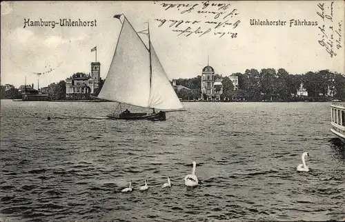 Ak Hamburg Nord Uhlenhorst, Uhlenhorster Fährhaus, Segelboot, Schwäne