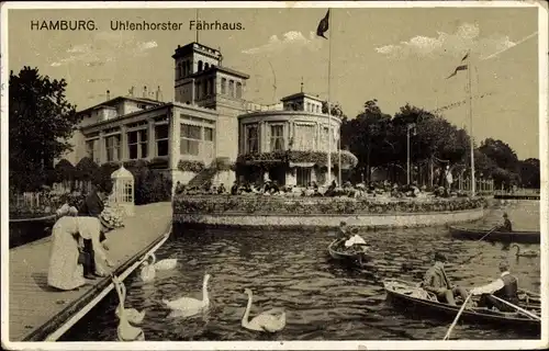 Ak Hamburg Nord Uhlenhorst, Uhlenhorster Fährhaus, Boote, Spaziergänger füttern Schwäne