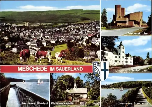 Ak Meschede im Sauerland, Schloss Laer, Hennesee Überlauf u. Staudamm, Klausen-Kapelle