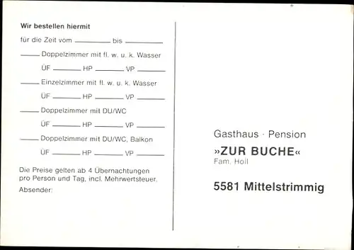 Ak Mittelstrimmig im Hunsrück, Gasthaus Pension Zur Buche, Karte für Zimmer-Buchung