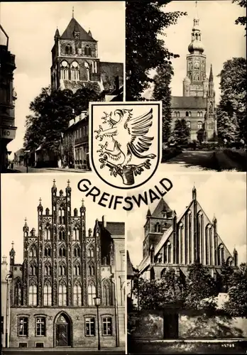 Ak Hansestadt Greifswald, Marienkirche, Rathaus, Giebel, Wappen